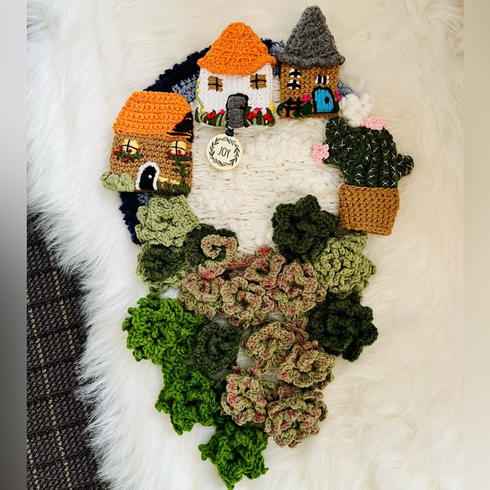 Handmade Crochet, Embroidery Village Wall Art Decor | Succulents, Cactus, Houses